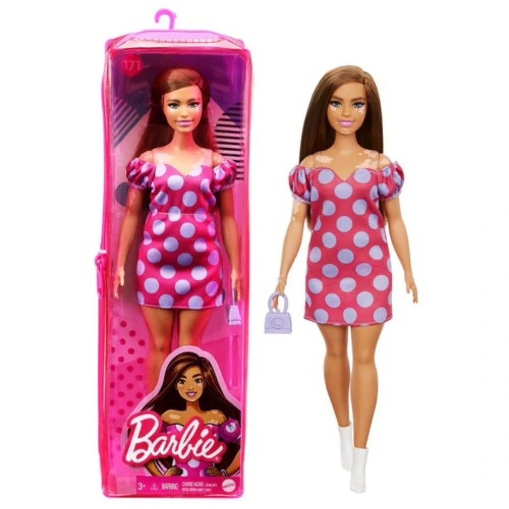 Mattel Barbie FASHIONISTAS #171 Doll 2020 Brunette Vitiligo Polka Dot Dress